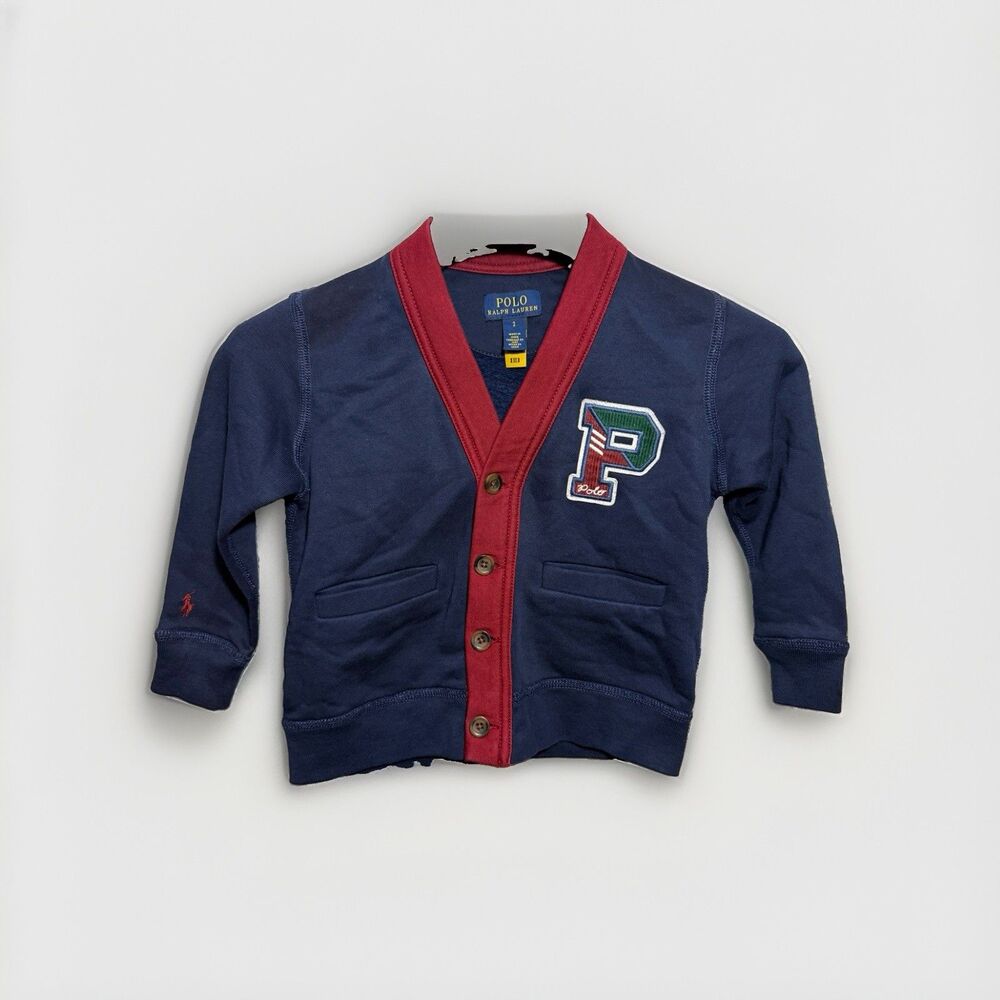 Polo Ralph Lauren Boys Size 2 Navy Red Varsity Letterman Cardigan P Patch